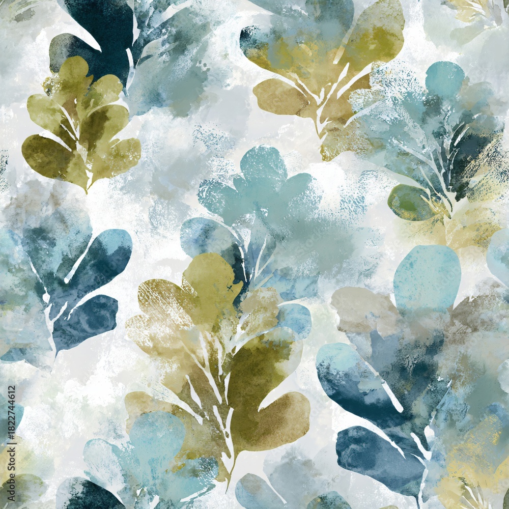 Fototapeta premium Abstract watercolor plant leaf seamless pattern with organic shapes and texture. Artistic nature background for textile, print, or wallpaper.