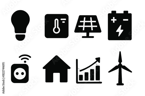 Energy Efficiency Icons. Energy Efficiency. Filled icon set of Energy Efficiency: LED bulb, smart thermostat,