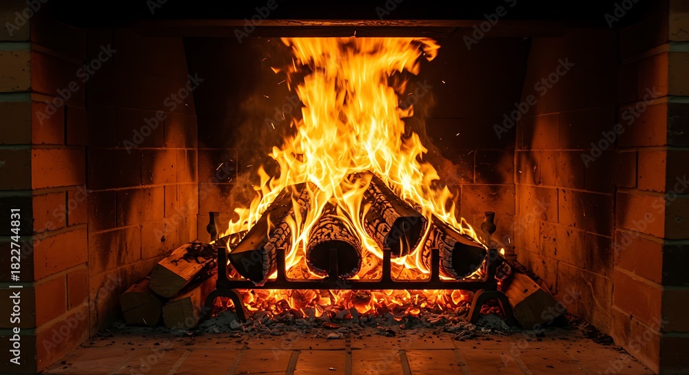 Obraz premium Glowing flames consume logs within a brick fireplace, offering a warm and inviting scene