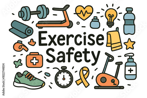 Exercise Safety Doodle. Exercise safety. Hand-drawn doodle illustration of exercise safety. Dumbbells,