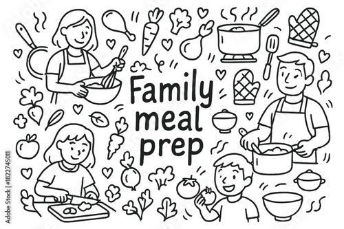 Family Cooking Fun. Family meal prep. Hand-drawn doodle illustration of Family meal prep. parents, children,