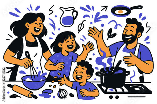 Family Kitchen Fun. Kitchen chaos. Parents and kids laughing as ingredients and utensils scatter while cooking