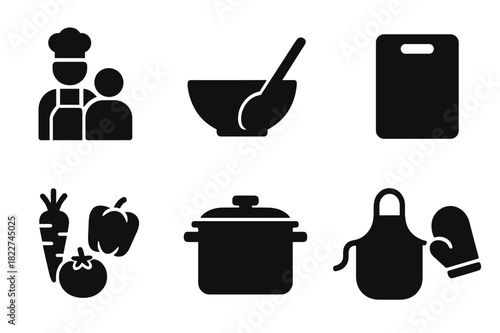 Family Meal Icon Set. Family meal prep. Filled icon set of family meal prep: parent and child, mixing bowl,