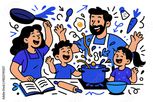 Family Kitchen Fun. Kitchen chaos. Parents and kids laughing as ingredients and utensils scatter while cooking