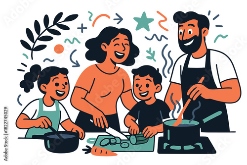 Family Cooking Fun. Family cooking together. Parents and children chopping vegetables and stirring pots in a