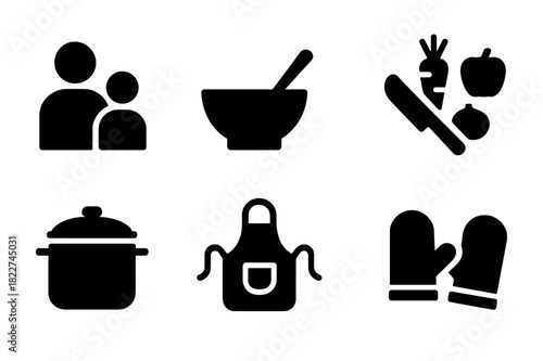 Family Meal Icon Set. Family meal prep. Filled icon set of family meal prep: parent and child, mixing bowl,