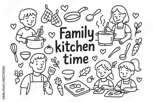Family Kitchen Doodle. Family kitchen time. Hand-drawn doodle illustration of Family kitchen time. family,