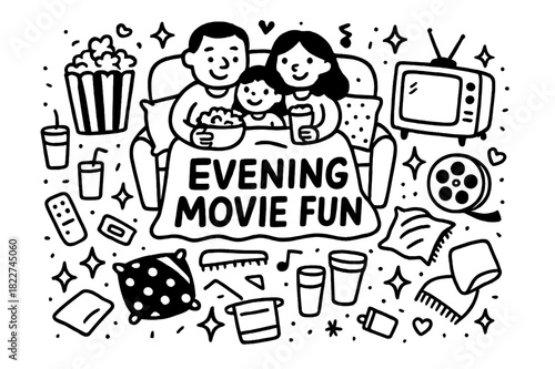 Family Movie Night. Evening movie fun. Hand-drawn doodle illustration of evening movie fun. Family members,