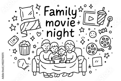 Family Movie Night Doodle. Family movie night. Hand-drawn doodle illustration of Family movie night. sofa,