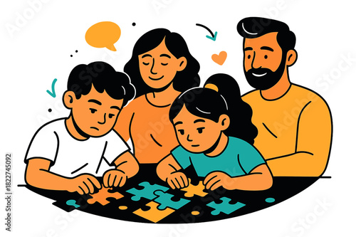 Family Puzzle Bonding. Quiet focus. Two kids deep in concentration fitting puzzle pieces together while