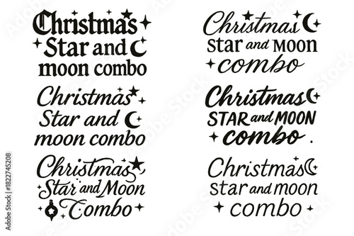 Festive Calligraphy Styles. Christmas star and moon combo. Create a calligraphy lettering illustration of the