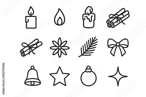Festive Candle Icons. Holiday Candle Collection. Line outline icon set of Holiday Candle Collection: lit