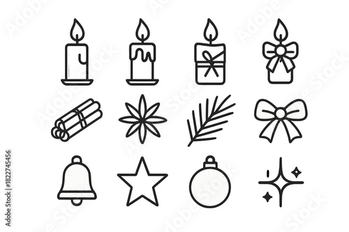 Festive Candle Icons. Festive Candle Collection. Line outline icon set of Festive Candle Collection: lit