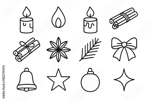 Festive Candle Icons. Festive Candle Collection. Line outline icon set of Festive Candle Collection: lit