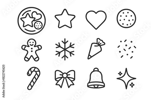 Festive Cookie Icons. Festive Cookie Plate. Line outline icon set of Festive Cookie Plate: plate, star cookie,