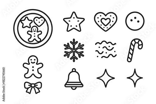 Festive Cookie Icons. Festive Cookie Plate. Line outline icon set of Festive Cookie Plate: plate, star cookie,
