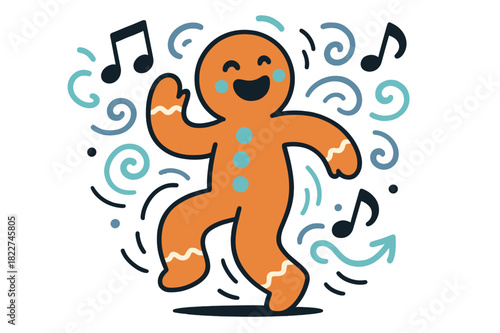 Festive Dancing Gingerbread. Dancing gingerbread. Cookie waving and stepping in rhythm, with music notes and