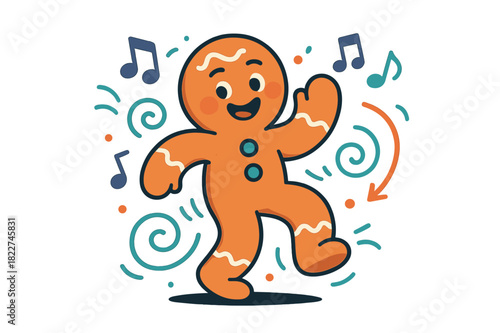 Festive Dancing Gingerbread. Dancing gingerbread. Cookie waving and stepping in rhythm, with music notes and