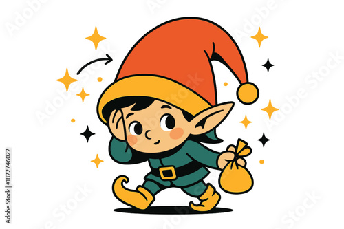 Festive Elf Surprise. Tiny Christmas elf. Elf wearing enormous floppy hat, peeking shyly, small gift bag in