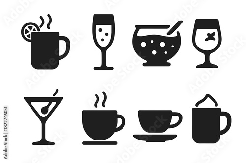 Festive Drink Icons. Festive drinks. Filled icon set of festive drinks: mulled wine mug, champagne flute,