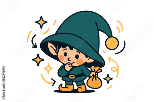 Festive Elf Surprise. Tiny Christmas elf. Elf wearing enormous floppy hat, peeking shyly, small gift bag in
