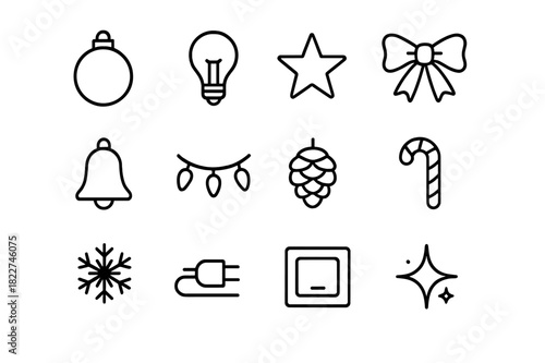 Festive Icon Ensemble. Light and Decor Mix. Line outline icon set of Light and Decor Mix: ornament ball, light
