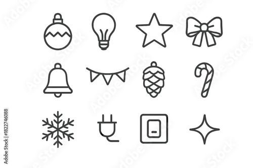 Festive Icon Ensemble. Light and Decor Mix. Line outline icon set of Light and Decor Mix: ornament ball, light