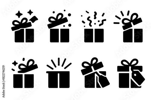 Festive Gift Icons. Festive present. Filled icon set of festive present: gift box with lid open, sparkles,
