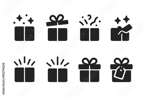 Festive Gift Icons. Festive present. Filled icon set of festive present: gift box with lid open, sparkles,
