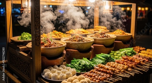 Fototapeta Naklejka Na Ścianę i Meble -  Vibrant Night Market Food Stall with Steaming Dishes and Skewers.