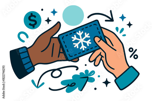 Festive Gift Exchange. Gift card handoff. Two hands exchanging a snowflake-themed coupon card. Festive