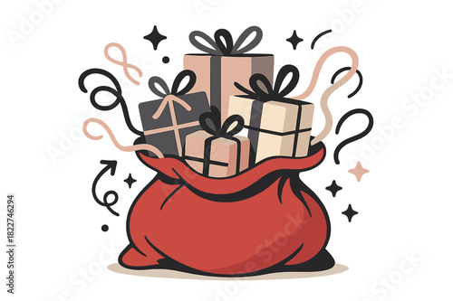 Festive Gift Overflow. Gift bag close-up. Santa?s red sack overflowing with colorful presents, ribbons curling