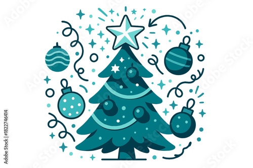 Festive Holiday Tree. Festive topper. Tree crowned with a glowing star, surrounded by ornaments, garlands, and