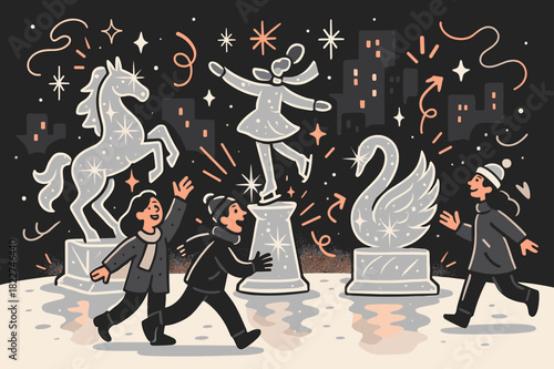 Festive Ice Sculptures. Sparkling ice sculptures. Detailed ice carvings in the town square, reflections on