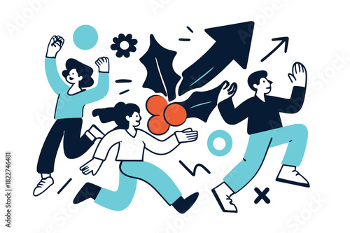 Festive Holly Ribbon. Holly and ribbon. Classic cluster of holly leaves with red berries tied by a soft satin