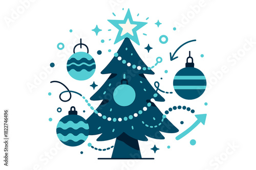 Festive Holiday Tree. Festive topper. Tree crowned with a glowing star, surrounded by ornaments, garlands, and