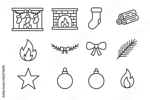 Festive Mantel Icons. Festive Mantel. Line outline icon set of Festive Mantel: mantel, fireplace, stockings,