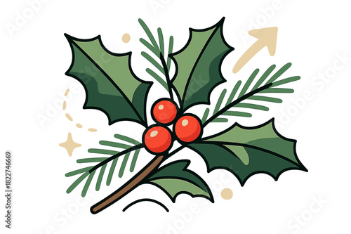 Festive Nature Ornament. Nature ornament. Holly leaves intertwined with pine needles and small red berries on