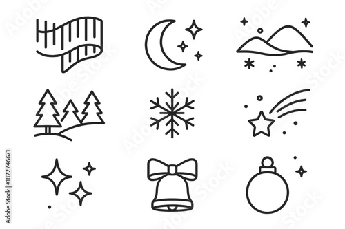 Festive Northern Lights Icons. Festive Northern Lights. Line outline icon set of Festive Northern Lights: