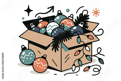 Festive Ornament Box. Box of ornaments and lights. Open cardboard box filled with colorful Christmas baubles,