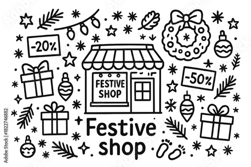 Festive Shop Doodle. Festive shop. Hand-drawn doodle illustration of festive shop. Shopfront, Christmas lights