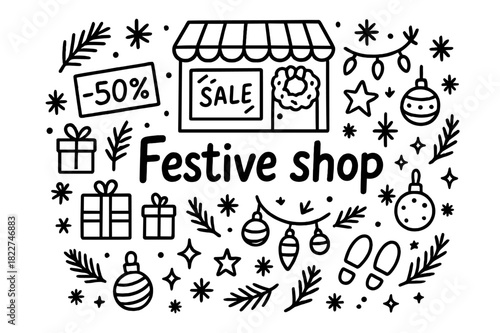 Festive Shop Doodle. Festive shop. Hand-drawn doodle illustration of festive shop. Shopfront, Christmas lights