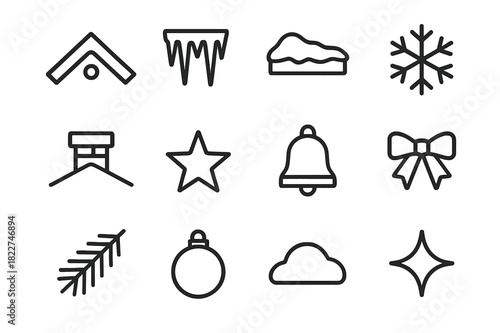 Festive Rooftop Icons. Festive Rooftops. Line outline icon set of Festive Rooftops: roof, icicles, snow layer,