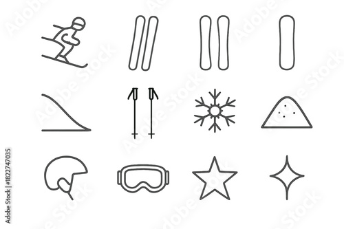 Festive Snow Icons. Festive Snow Sports. Line outline icon set of Festive Snow Sports: skier, snowboarder,