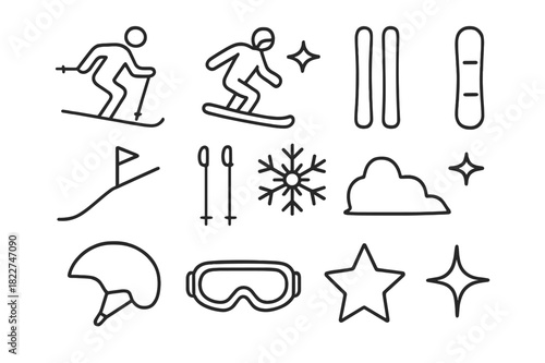 Festive Snow Icons. Festive Snow Sports. Line outline icon set of Festive Snow Sports: skier, snowboarder,