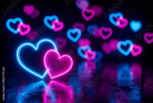 light neon bokeh valentine background blue hearts high resolution high details vibrant