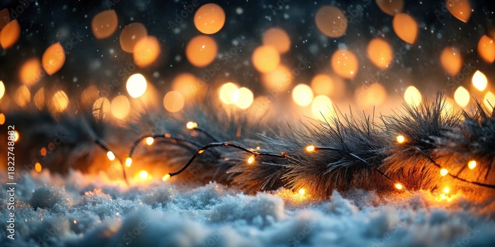 Fototapeta premium Winter Wonderland Illuminated Festive Branches Resting on a Snowy Surface with Warm, Glowing Lights and a Dreamy Bokeh Effect