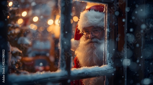 Santa Claus peeking through a frosted window on a magical winter night, with warm Christmas lights glowing softly in the background