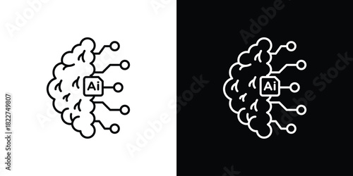 AI brain icon outline set in black and white. thin line style.