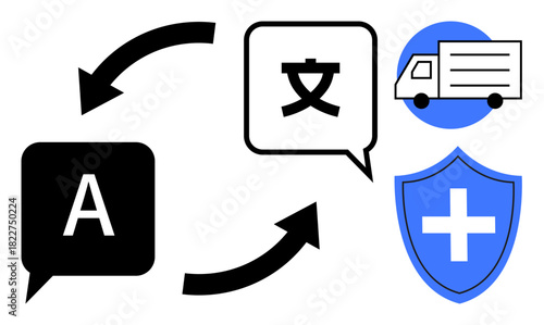 Two speech bubbles with language characters linked by arrows, truck icon, and shield with medical cross. Ideal for communication, translation, logistics, healthcare, global trade, education